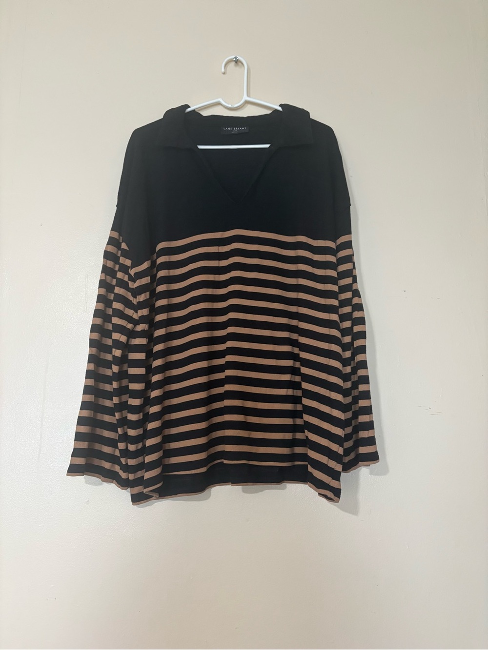 Lane Bryant Black and Brown Striped V-Neck Pullover